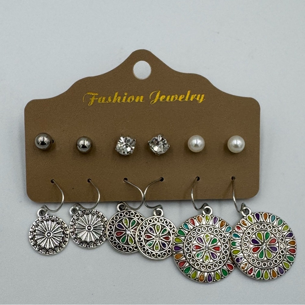 NWT Boho Silver Tone Earrings 3 pair of studs and 3 Pair Dangling Earrings